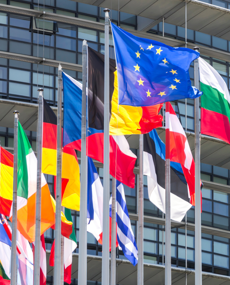 Drapeaux européens devant le Parlement européen à Strasbourg
